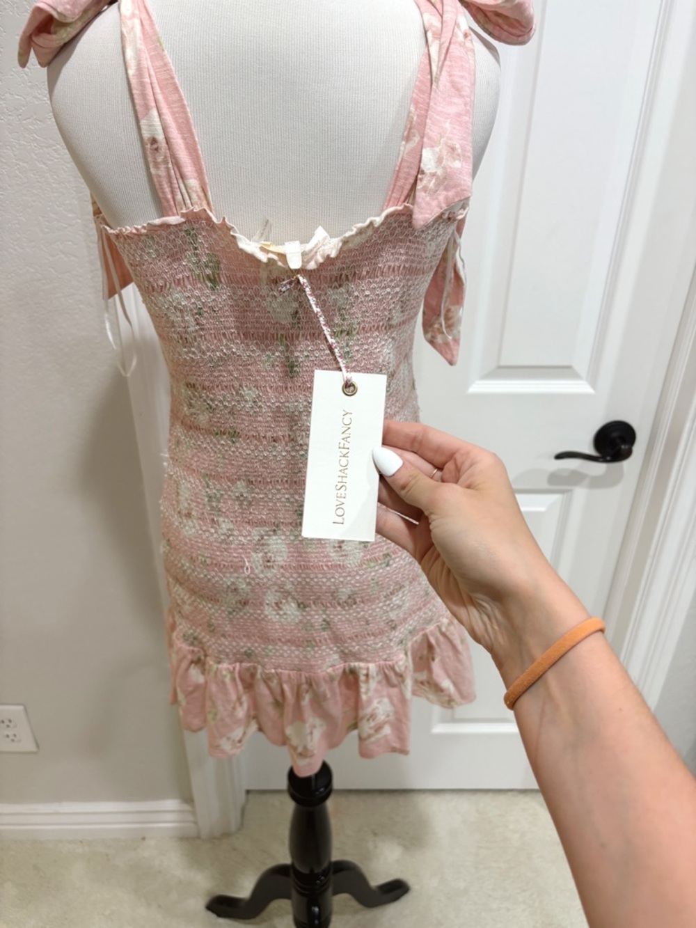 NWT LoveShackFancy Pink Norna Dress Ballet Pink Floral Tie-Shoulder Dress Large - Picture 5 of 11